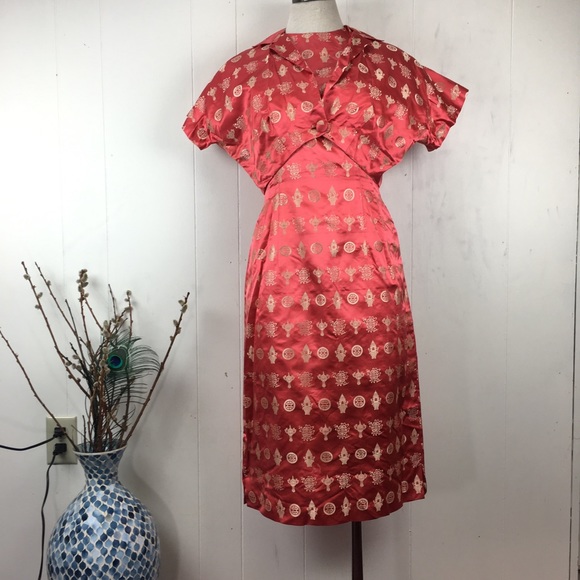 Vintage Dresses & Skirts - Vintage Red & Gold Asian Handmade Cocktail Dress